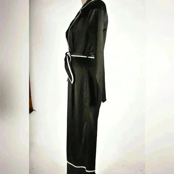MISSGUIDED Black White Piped Poly Satin Pyjama Tie Wide  Leg Jumpsuit 8US 12UK - Picture 2 of 11